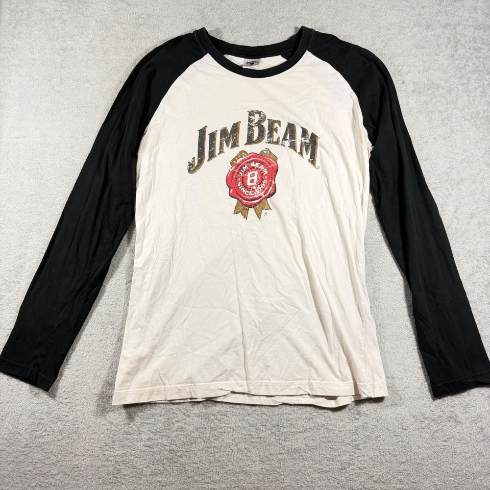 Jim Beam Raglan Baseball Tee Mens XL White Black Distressed Logo Long Sleeve